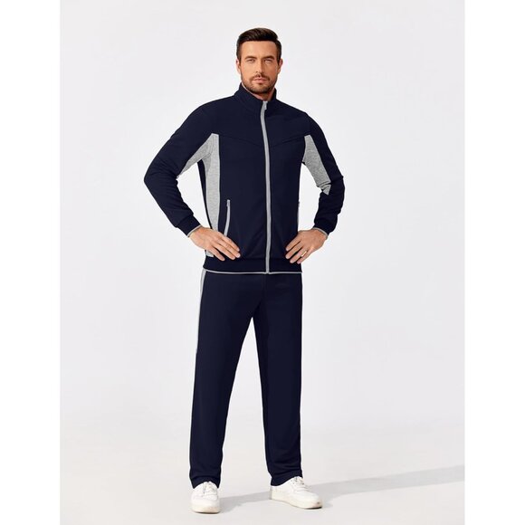 Men's Tracksuits 2 Piece Athletic Track Suit Jogging Running Sweatsuit Navy Grey - Picture 6 of 6